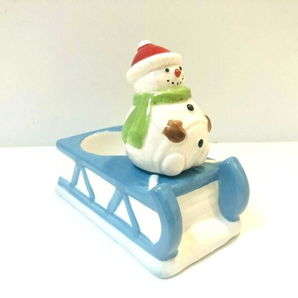 Yankee Candle Winter Snowman On Sled Tea Light Votive Candle Holder Ceramic NEW - Picture 2 of 6